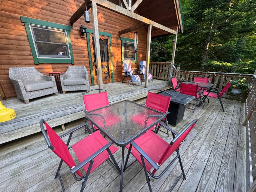 Spacious deck overlooking Adirondacks. 